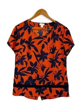 LOFT Orange Short Sleeve Floral Top with Navy Print
